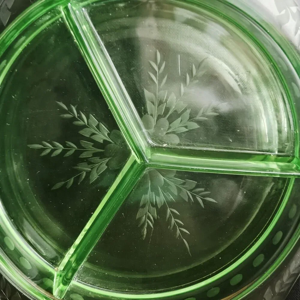 Vtg Green Uranium Vaseline Glass 3 Part Serving Dish Jewelry organizer Trinket